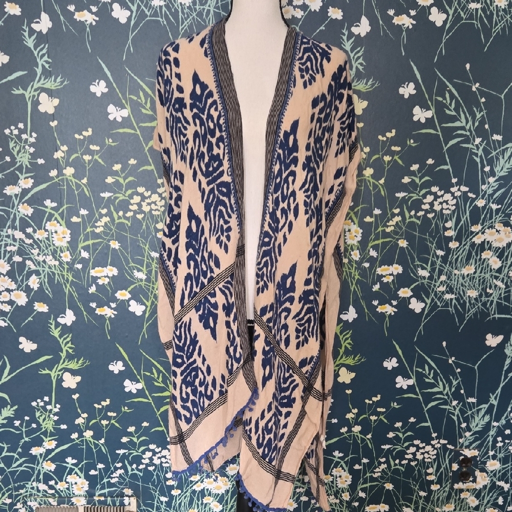 Boho Cardigan Poncho Blue & White
